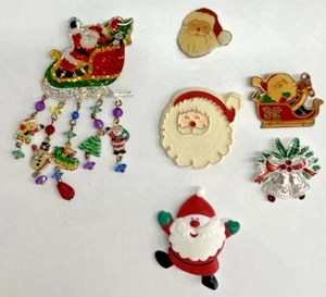 Vintage Christmas Brooches Pins Rhinestone Painted Mixed Metals Lot Of 6 - Picture 1 of 23