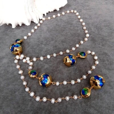 Collar largo cadena rosario perlas cristal de Murano azul 38" joyería para mujer niña Foto 1 de 4