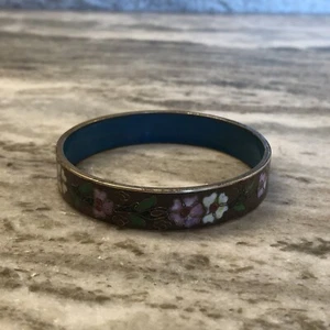 Vintage Cloisonne Armband Armreif geschnitzt 8" goldfarben blau weiß mit Blumen - Bild 1 von 13