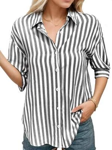 Women's Striped Button Down Shirts Half Sleeve Office Casual Business Blouses - Picture 1 of 14