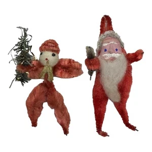Vintage Set Of 2 Chenille Clay Face Santa Claus Pipe Cleaner Ornaments Japan - Picture 1 of 7