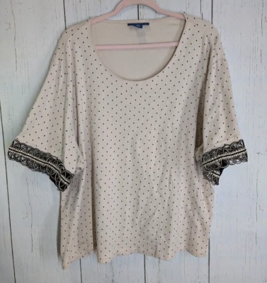 Blusa Top Karen Scott Talla 3X Tostada Negra Lunares Manga 3/4 Adornada Mujer Foto 1 de 4