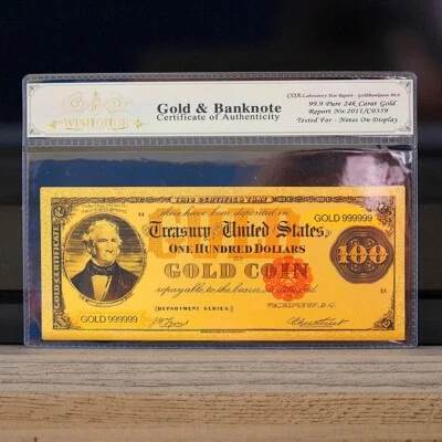 Billete grande certificado oro 100 mg 24K 1922 $100 dólares con certificado de autenticidad blanco Foto 1 de 2