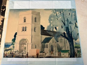 Antique Vintage Watercolor Painting Church Tree People Landscape 15" x 21 1/2" - Picture 1 of 8