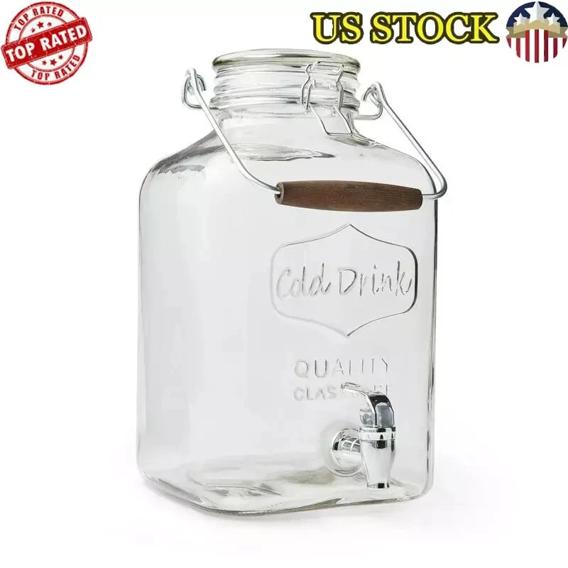 2 Gallon Glass Beverage Dispenser W/ Clamp Lid Steel Handle & Plastic Spigot New - Image 1 of 4