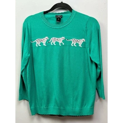 Suéter Ann Taylor Mujer Grande Pequeño Guepardos Verde Tejido Pullover Festoneado Foto 1 de 4