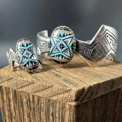 Carolyn Pollock Roderick Tenorio Sterling & Inlaid Gemstone Cuff Bracelet Ring 8 - Image 1 of 4