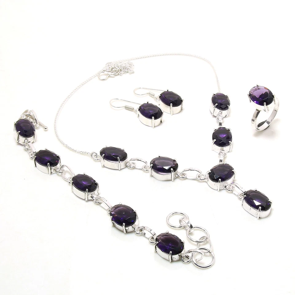 Afrikanischer Amethyst Edelstein Schmuck Set Handarbeit Hochzeit Geschenk Hal... - Bild 1 von 4