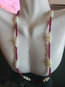 Designer 14K Gold Pearl Station Gold Bead Strand Ruby Necklace  18" NWOT  - Picture 1 of 12