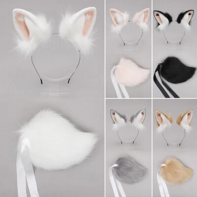 Furry Bunny Ears Realistic Headband Plush Animal Tail Cosplay Props Party NEW - Image 1 of 4