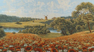 WALL  JACQUARD WOVEN TAPESTRY Poppy Field EUROPEAN LANDSCAPE DECOR - RED FLOWERS - Image 1 of 3