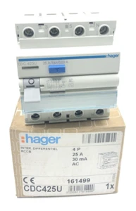 Hager CDC425U 25Amp 30mA RCCB Circuit Breaker 4-Pole 161499 DIN Rail Mount - Picture 1 of 8