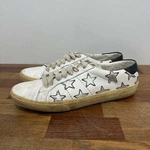Saint Laurent Womens Sneakers White Low Top Silver Star Leather Designer Worn - Picture 1 of 14
