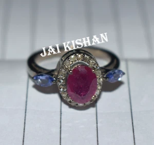 Real Ruby Tanzanite Gemstone Pave Diamond 925 Sterling Silver Elegant Women Ring - Picture 1 of 8
