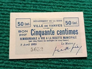 Billet Nécessité - BON POUR 50 CENTIMES - VILLE DE VANVES 1920 - Imagen 1 de 2