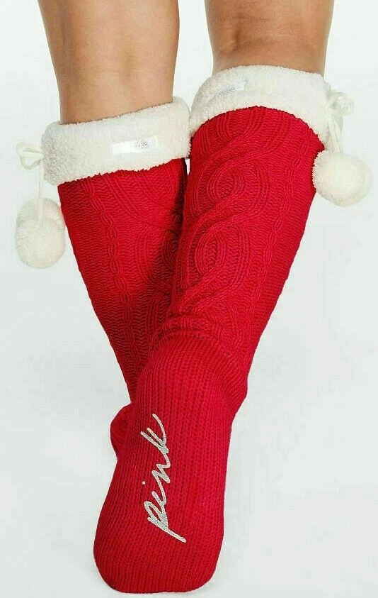 Victoria's Secret Pink Sherpa Lined Socks Cable Knit Red Pepper Chalk Rose Gray  - Image 1 of 2