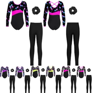 Kids Girls Outfits Activewear Set Dance Suit Hair Tie Costume Long Sleeve Pants - Picture 1 of 46