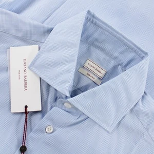 Luciano Barbera NWT Dress Shirt Size 39 M In Light Blue Plaid Cotton - Picture 1 of 8