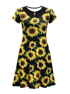 Women's Sunflower Floral Vintage 50's 60's Swing Rockabilly Retro Collar Dress  - Picture 1 of 2