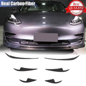 For Tesla Model 3 Sedan 2016-22 Real Carbon Front Bumper Splitters Canards Fins - Picture 1 of 12