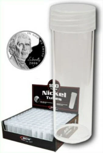 Coin Storage Tubes With Screw on Caps BCW Round Clear Plastic Nickel Size 10pack