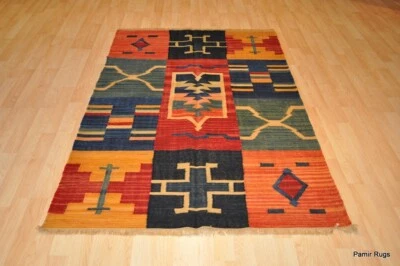 ON SALE _MODERN_KILIM_RUG_SOUTHWESTERN Wool kilim  4' X 6' red and blue NAVAJO - Image 1 of 4