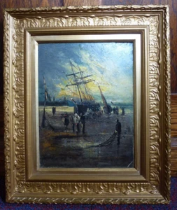 Antikes altes Ölgemälde Rahmenkunst viktorianische Fischer Segelschiffe 1895 - Bild 1 von 11