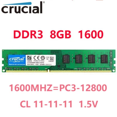 CRUCIAL DDR3 1X8GB 1600MHz PC3-12800 Desktop Memory RAM 240pin DIMM 1.5V - Image 1 of 4