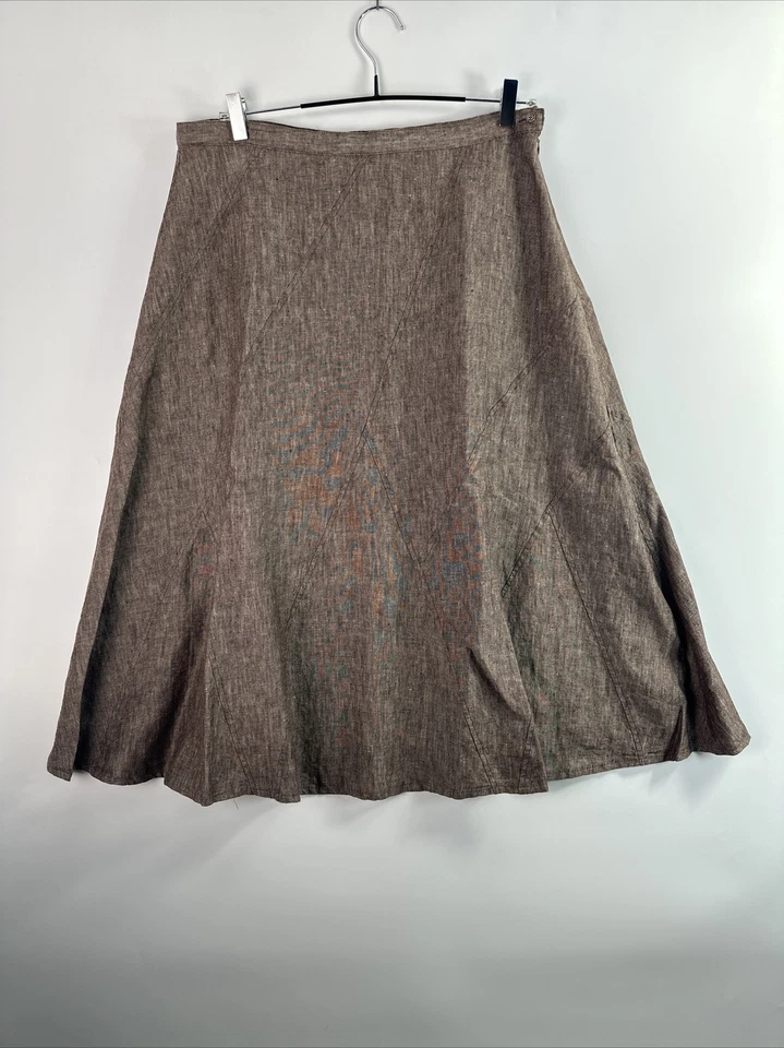 John Lewis Women Brown Linen Midi Skirt Size 16  A-Line Lined Side Zip & Button - Image 1 of 4