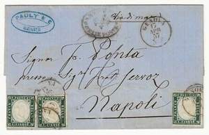 1857 Sardegna - 5 c. verde mirto Sassone 13A manoscritto Via di Mare su piego - Foto 1 di 2