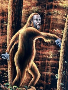 Sasquatch Bigfoot Monster Legende Schwarz Samt Ölgemälde  - Bild 1 von 4