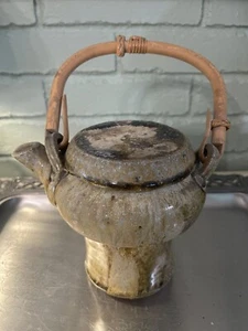 Vintage Teapot Handmade Tan/ Brown Clay  W Lid Bamboo Handle  - Picture 1 of 12