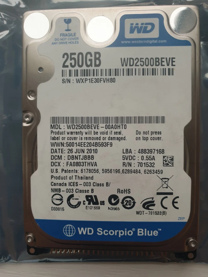 Western Digital 250GB WD2500BEVE-00A0HT0 2.5" IDE HARD DRIVE WD - DCM: DBNTJBBB - Image 1 of 1