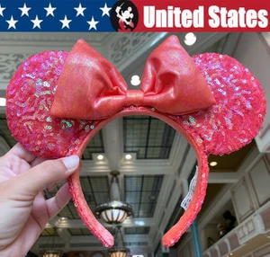 Disney Parks Minnie Ears Sequins Orange Red Bow Exclusive Limited Party Headband - Picture 1 of 7