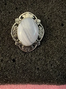 Brooch Pin, Blue/Grey Stone, Flower trim- Silver in Color - Picture 1 of 3
