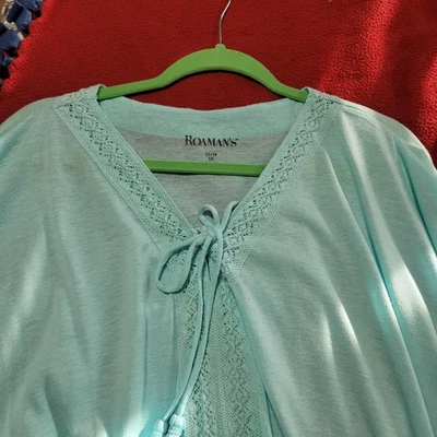 Top Roaman's Verde Azul Borla Corbata Cuello en V 1X 22W 24W Plus Mangas Ala de Murciélago Suave Foto 1 de 4