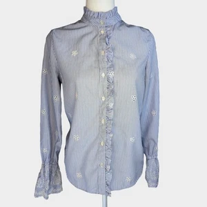 Max Jeans Blue Striped Embroidered Eyelet Bell Sleeve Button Up Blouse.size xs - Picture 1 of 13