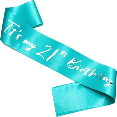 Faja 21 cumpleaños, fajas suaves satinadas azules verdes con 21 plateadas  Foto 1 de 4