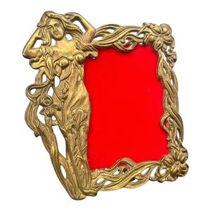 Vintage Jugendstil Messing Frau Figur Blumenrand Staffelei Stil Bilderrahmen - Bild 1 von 4