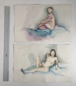 Vintage Original Watercolor Painting Group Of Nude Women Study Sketches Unsigned - Picture 1 of 14