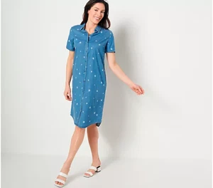 Denim & Co. Stretch Lyocell Star Print Short-Sleeve Shirtdress Blue M - Picture 1 of 4