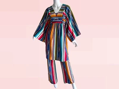 Terno calça vintage mexicano Serape arco-íris festival hippie sino anos 1970 XS - Imagem 1 de 4