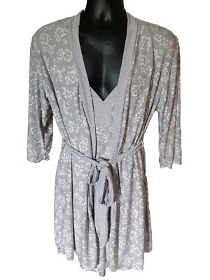 Laura Ashley Chemise & Robe L 2 Piece Set Grey & White Floral Adjustable Short - Image 1 of 4