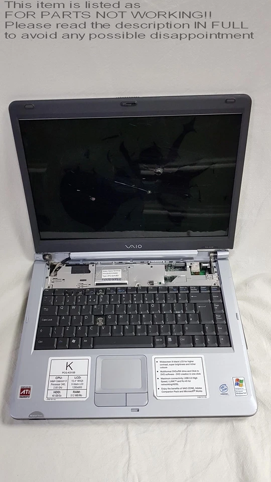 FOR PARTS / SCRAP!! Sony pcg-k315b 15.4" Intel Celeron Laptop FULL SPECS UNKNOWN - Image 1 of 4