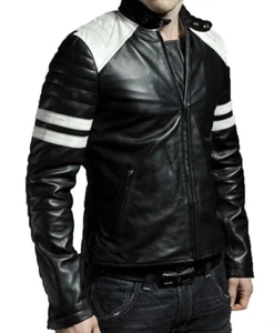 Men's Leather Jacket Biker Motorcycle Real Lambskin Black & White Stripes Jacket - Picture 1 of 5