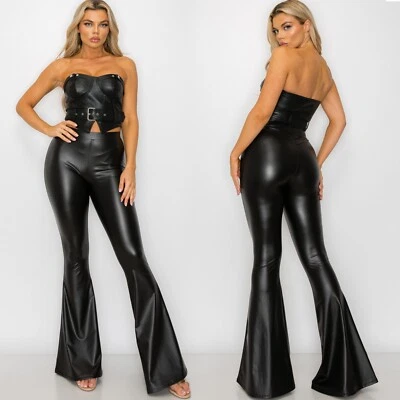 Women's Fashion PU Faux Leather Bell Bottom Boots Cut Pants - Image 1 of 4