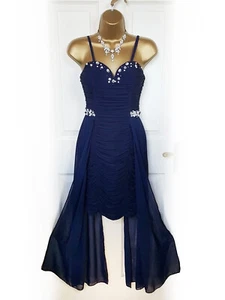 QUIZ Navy Ruched Rhinestone Drape Chiffon Dress, Size 8 - BNWT - Picture 1 of 8