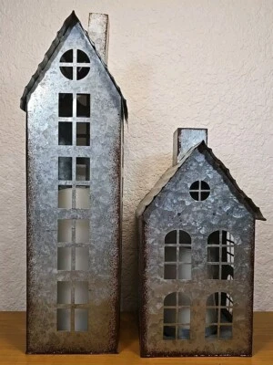 Galvanized Pottery Barn Candle Holder Houses Village Rustic Metal Battery Op - Image 1 of 4