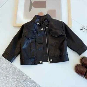Boy Solid Color Button and Pocket Front Stand Up Collar Zip-up Leather Jacket - Picture 1 of 15