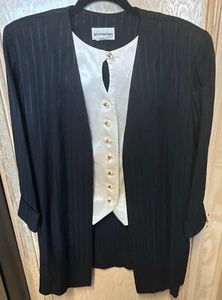 Blazer Vest Women’s Top Sz 10 Black Beige Striped Button Up Work Business - Picture 1 of 17
